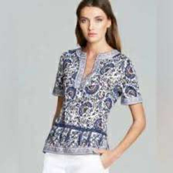 Tory Burch Blue Brinda Print Linen Blouse, Resort wear, size M - Picture 1 of 6